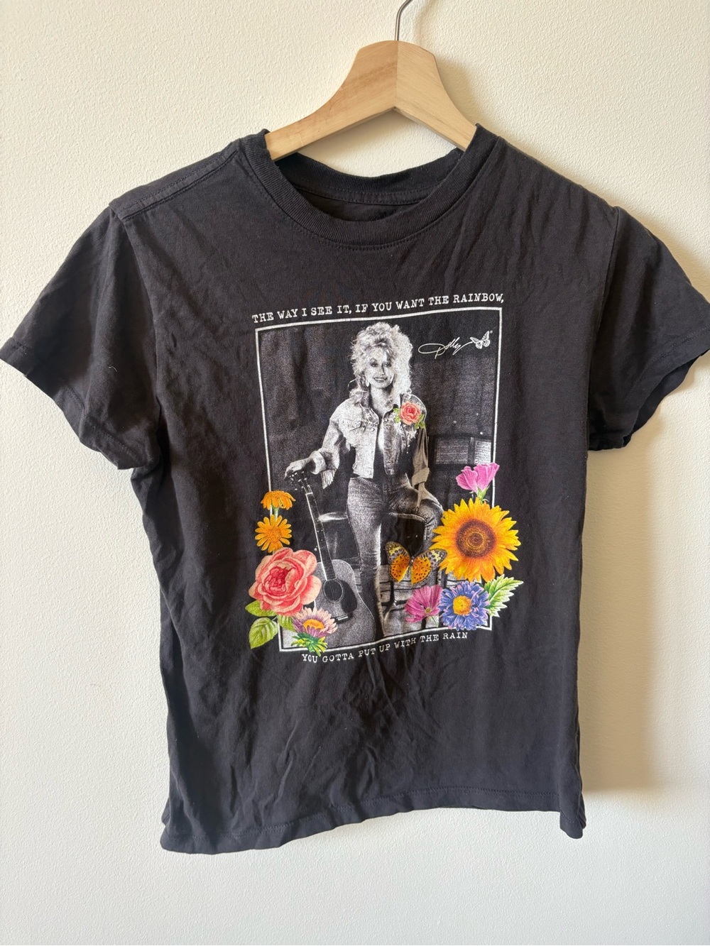 Dolly Parton Black Graphic Floral Dolly-Baby Tee  Short Sleeve Tee